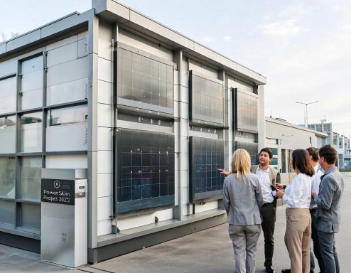 EU-Powerskin+ Projekt Gruppengespräch vor einem modernen, silvernen Gebäude mit großen Fenstern.