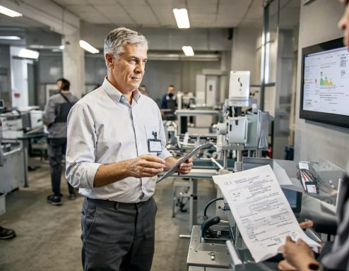 VDA 6.3 Prozessaudit Mann in einem Produktionsraum, der ein Dokument hält und mit einem anderen spricht.