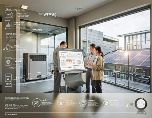 PV-WP Projekt Drei Personen präsentieren auf einem Bildschirm Informationen in einem modernen Büro.